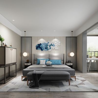 现代简约卧室 小吊灯 墙饰 双人床 床头柜 床尾凳 边柜