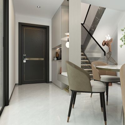 现代轻奢别墅跃层入户门，进门玄关，楼梯间，鞋柜，长虹玻璃推拉门，餐桌