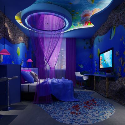 现代酒店客房 海洋主题 大圆床