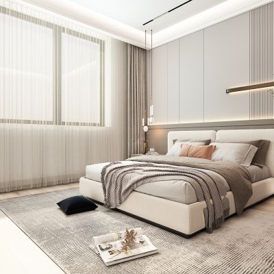 现代轻奢卧室，主卧，次卧，客卧，卧室造型背景墙，窗帘，双人床