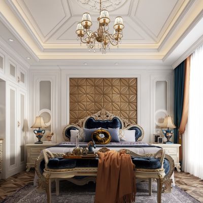 简欧卧室 吊灯 双人床 床头柜 床尾凳 衣柜 挂画 边柜