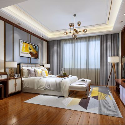 新中式卧室 主卧 床具 吊灯