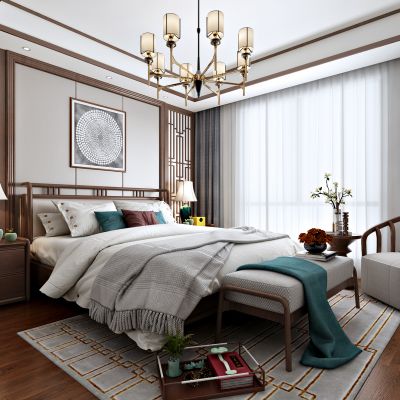 新中式卧室 实木床 休闲椅