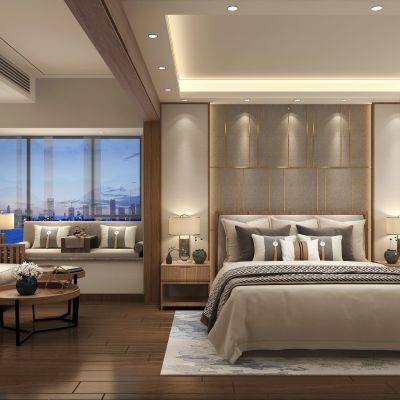 新中式主人房 主卧 床 沙发 飘窗