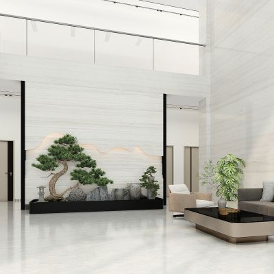 现代办公大厅，办公大堂，玻璃大门，休闲休息沙发，景观小品，迎客松景观背景
