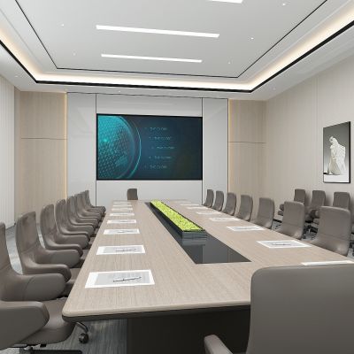 现代会议室，报告厅，洽谈室，会议桌，会议室背景墙，梦幻窗帘3D模型