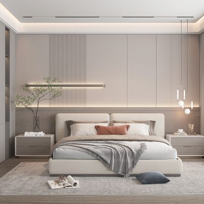 现代卧室，主卧，次卧，客卧，卧室背景墙，衣柜，储物柜，双人床