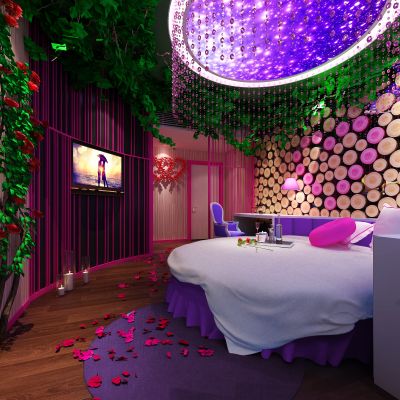 现代酒店主题客房 珠帘 圆床