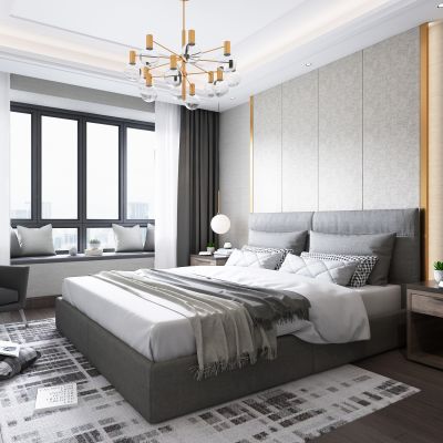 现代卧室 双人床 吊灯 台灯 边柜 玄关柜 床品 床头柜装饰品