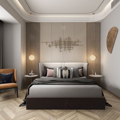 现代轻奢卧室 吊灯 边几 轻奢单人椅