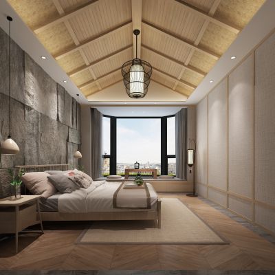 日式卧室 床 吊灯 吊顶