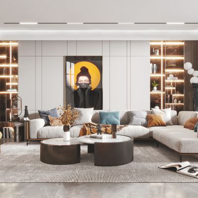 现代客厅餐厅，沙发，餐桌，电视柜