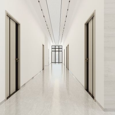现代办公过道，走道，走廊，铝单板，洞洞板，穿孔金属板吊顶，线性灯，室内门
