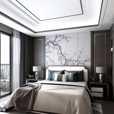 新中式卧室床具组合 床头柜玻璃衣柜背景墙