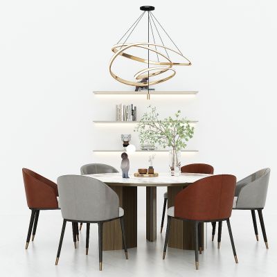 现代餐厅圆餐桌，吊灯，装饰隔板，装饰品，摆件