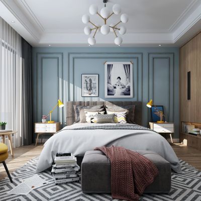 北欧卧室 双人床 衣柜 吊灯 挂画 休闲椅