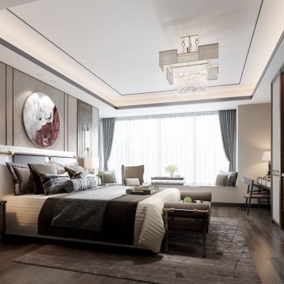 新中式卧室 床 床头柜 吊灯 床尾榻 桌子 椅子 背景墙 壁灯