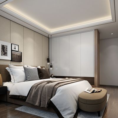 现代卧室 双人床 床具 床尾凳 床头柜 台灯 挂画