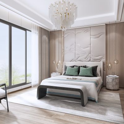 现代主卧室 吊灯 地毯 软包