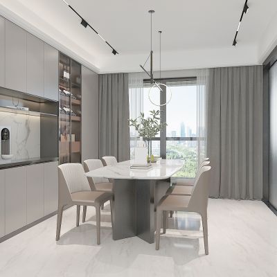 现代家居餐厅，餐桌，厨房长虹玻璃推拉门，酒柜，储物柜，吊灯，窗帘