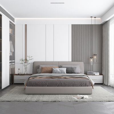 现代卧室，主卧，次卧，客卧，卧室背景墙，衣柜，储物柜，双人床，窗帘