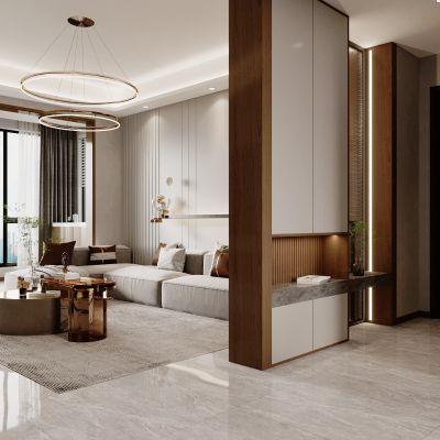 现代家居客厅，沙发背景墙，沙发茶几组合，吊灯，进门玄关柜，鞋柜，入户门