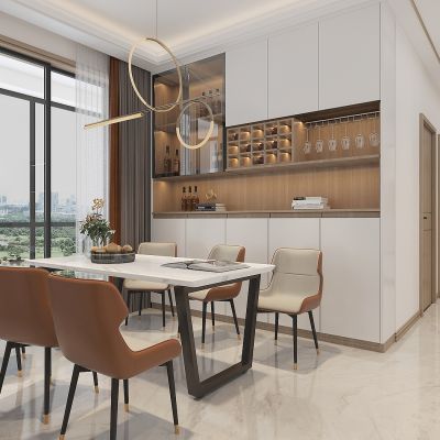 现代家居餐厅过道，餐桌椅，酒柜，吊灯