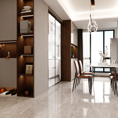 现代家居餐厅，进门玄关鞋柜，储物柜，餐桌，厨房长虹玻璃推拉门，酒柜