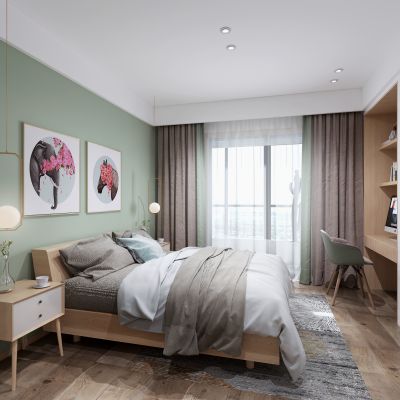 北欧主卧室 现代双人床 床头柜 吊灯 窗帘 挂画 书桌椅组合