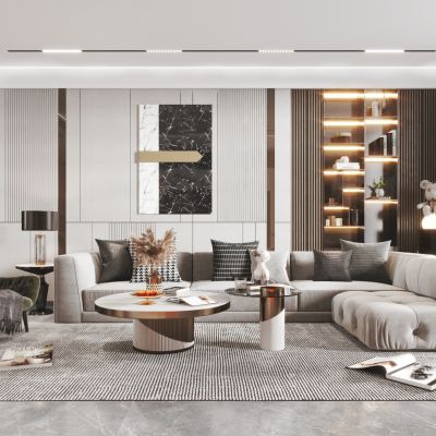 现代客厅餐厅，沙发，餐桌，电视柜