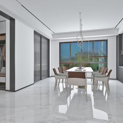 现代家居餐厅，进门玄关鞋柜，餐桌，厨房长虹玻璃推拉门，酒柜，茶水柜