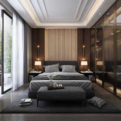 现代轻奢主卧室 现代卧室 双人床 主人房 衣柜 装饰品 台灯 窗帘