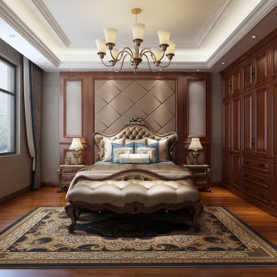 简欧卧室 衣柜 双人床 吊灯 台灯