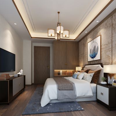 新中式老人房 双人床 床头柜组合