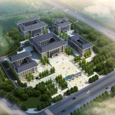 中式行政办公区 办公园区 中式多层办公楼 建筑外观