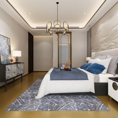 新中式卧室 吊灯 挂画 双人床 床头柜 电视柜 休闲椅