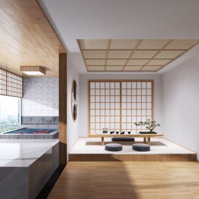 日式酒店  原木风酒店  卧室  茶桌椅 摆件 装饰品  泳池 汗蒸馆