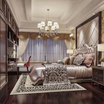 简欧卧室 床 床头柜 衣柜 椅 窗帘 吊灯