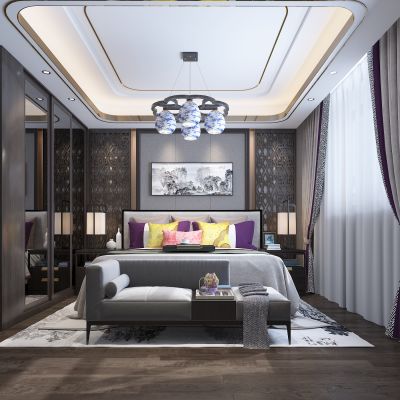 新中式主卧 瓷器吊灯 隔断