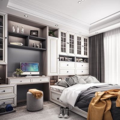 北欧现代榻榻米卧室 书房 书桌 单椅 书柜 衣柜书桌