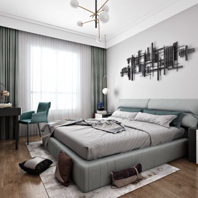 现代卧室 双人床 梳妆台 金属吊灯