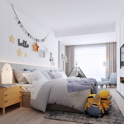 北欧儿童房 男孩房 小黄人玩具 地毯 台灯