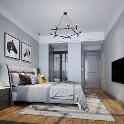现代简约黑白灰卧室 吊灯 床