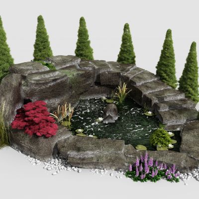 现代水景 水池 石头 花草 绿植 景观小品 假山 花坛