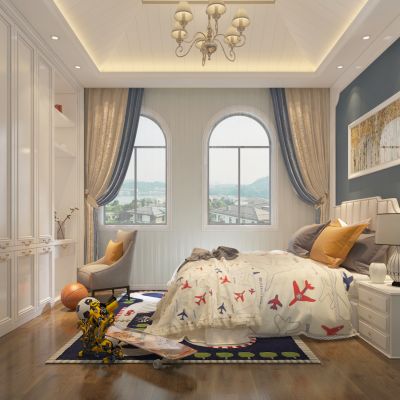 简欧卧室男孩房 吊灯 挂画 儿童床 床头柜 椅子 衣柜