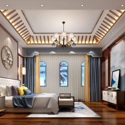 新中式主卧室 简中窗帘