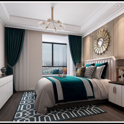 现代轻奢卧室 吊灯 电视柜 床