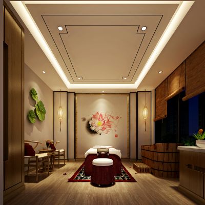 新中式SPA房间 美容会所 椅子 木桶 吊灯 装饰画