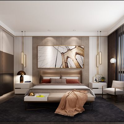 现代简约卧室 双人床 床头柜 床尾凳 休闲椅 衣柜