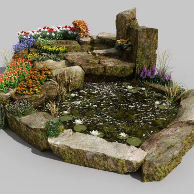 现代水景 水池 景观小品 花草 花园水池 景观石 石头